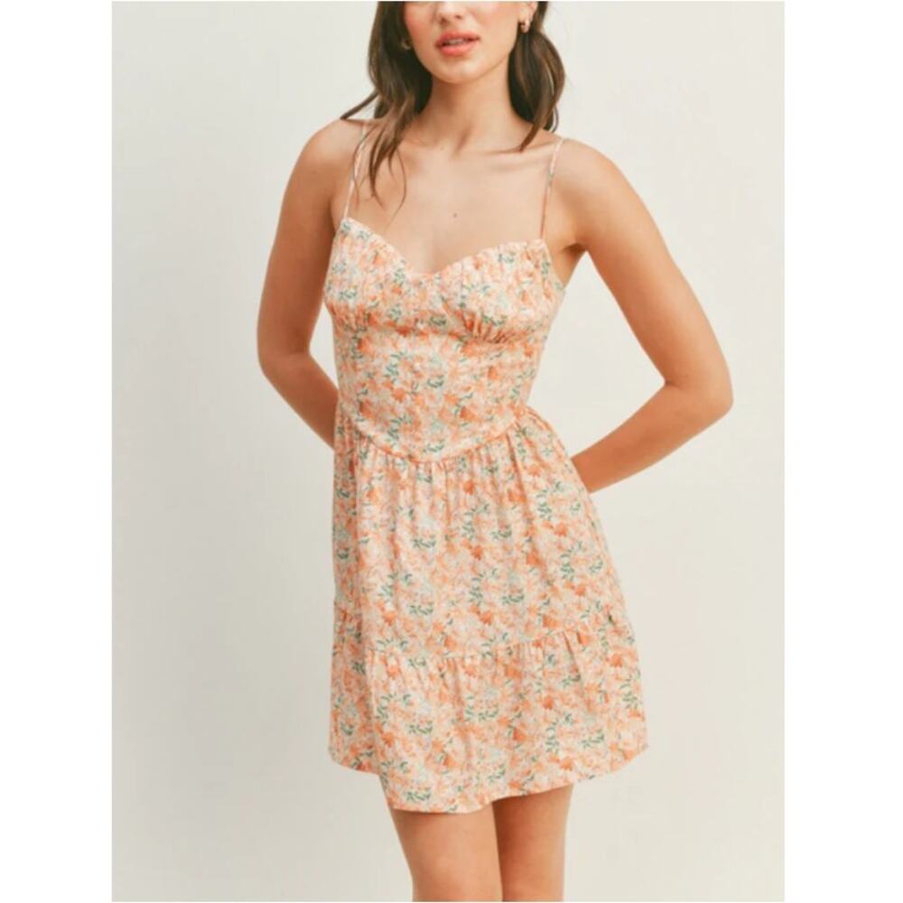 NEW ALL IN FAVOR Orange Floral Sleeveless Blossom Mini Dress Size L